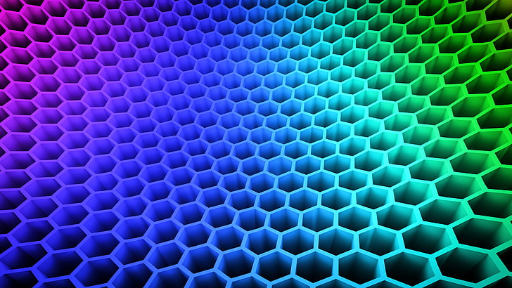 pattern, honeycomb, electric blue, symmetry, material, hexagon, 3d, colorful, multicolor, HD wallpaper