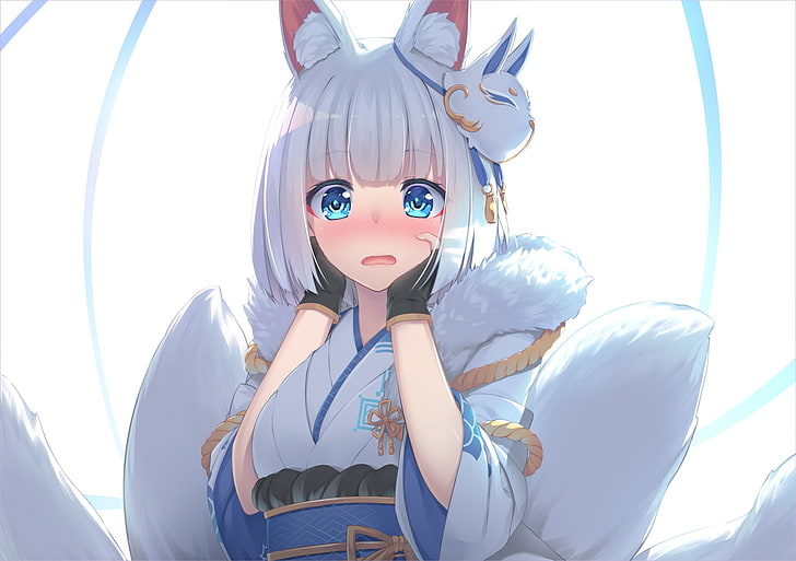 anime fox girl, expresión tímida, oreja animal, cabello blanco, ojos azules, kimono, lindo, Anime, Fondo de pantalla HD