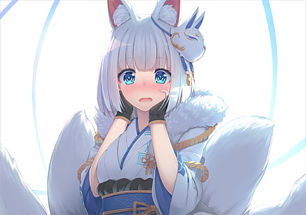 anime fox girl, shy expression, animal ear, white hair, blue eyes, kimono, cute, Anime, HD wallpaper HD wallpaper