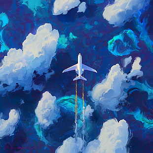 самолет, небе, изкуство, полет, облаци, HD тапет HD wallpaper