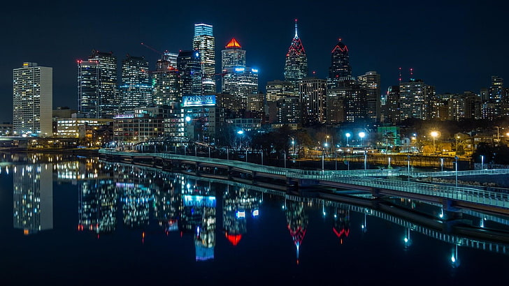 lampu-lampu kota, pantulan, pantulan, lanskap kota, philadelphia, Amerika Serikat, Wallpaper HD