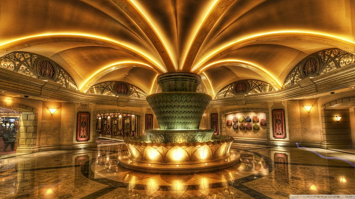 Brunnen in einer Las Vegas-Hotel-Lobby Hdr, Lichter, Brunnen, Lobby, Hotel, Natur und Landschaften, HD-Hintergrundbild
