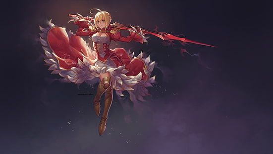 жена в червена рокля с илюстрация с червен меч, аниме, аниме момичета, съдба / велик орден, HD тапет HD wallpaper