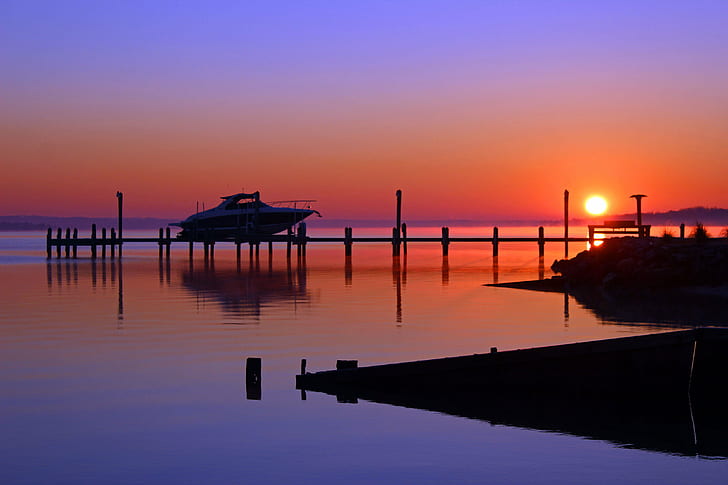 silhouette of boat on dock during sunset, winter, sunrise, silhouette, sunset, Patuxent River, River  boat, boat  dock, colors, blue  orange, yellow, silhouettes, water, maryland, 1001 Nights, Magic City, sea, nature, dusk, pier, nautical Vessel, outdoors, harbor, vacations, sunrise - Dawn, tranquil Scene, jetty, beach, coastline, sky, summer, HD wallpaper