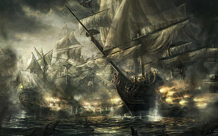 Bitwa pod Trafalgarem, bitwa, statek, łodzie, Tapety HD