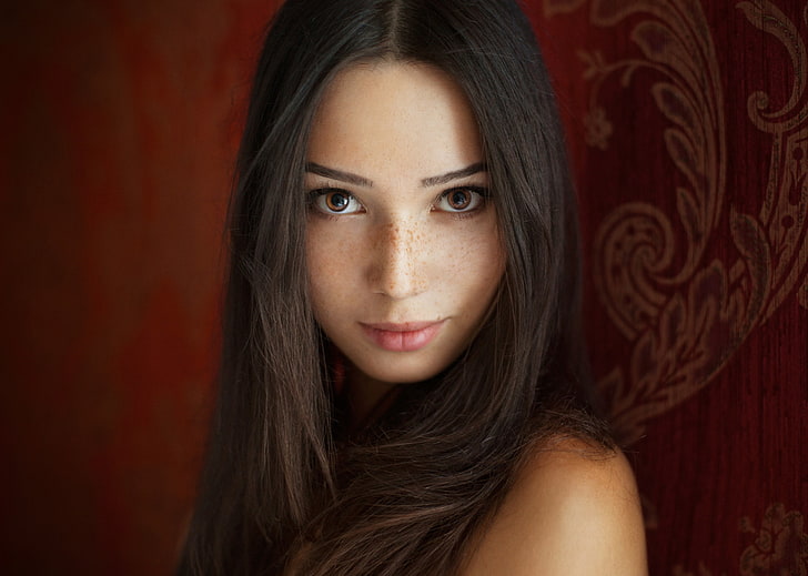 women, Maxim Maximov, face, portrait, Mariya Volokh, freckles, brunette, brown eyes, HD wallpaper