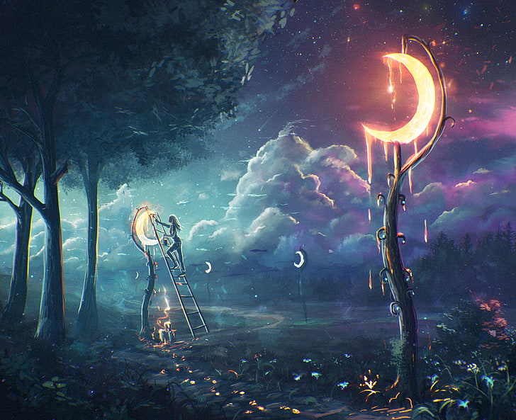 falce di luna gialla, fantasy art, Sylar, chiaro di luna, nuvole, Sfondo HD