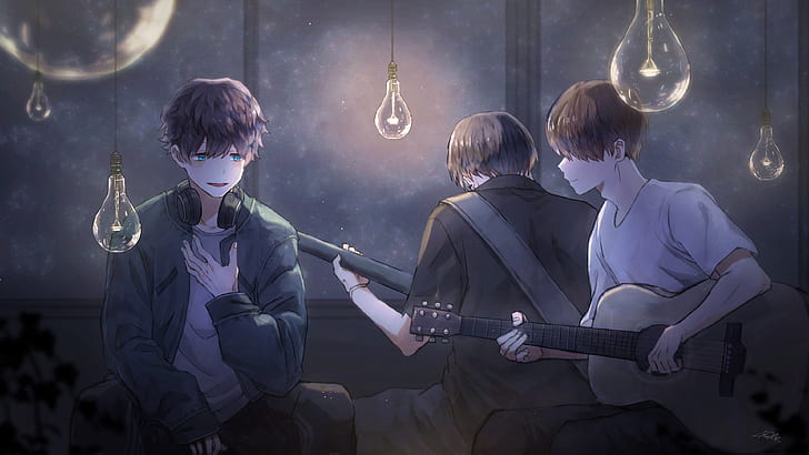 anime, anime boys, headphones, guitar, HD wallpaper