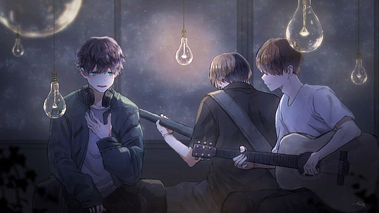 anime, anime chłopcy, słuchawki, gitara, Tapety HD HD wallpaper