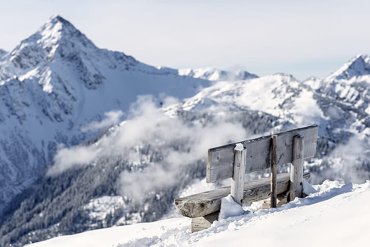 brown wooden bench on snowy mountain, pole position, wooden bench, snowy mountain, bench  seat, settle, sit, winter, calm, cold, sun, ice, alps, empty, lonely, air, fresh, license, no=no, snow, mountain, european Alps, nature, outdoors, landscape, cold - Temperature, mountain Peak, scenics, sport, white, HD wallpaper