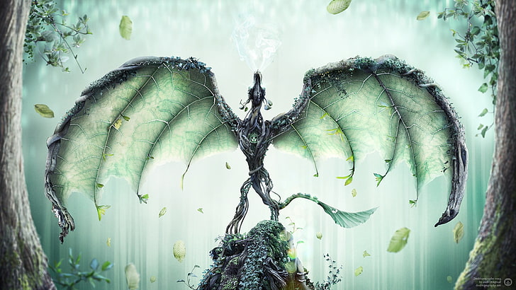 carta da parati animale alata verde, carta da parati digitale drago drago verde ala, arte digitale, drago, fantasy art, foglie, Josh Dykgraaf, Desktopography, Sfondo HD