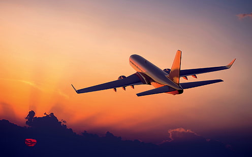 Zachód słońca lotu samolotem, samolot pasażerski, samolot, samolot, lot, zachód słońca, Tapety HD HD wallpaper