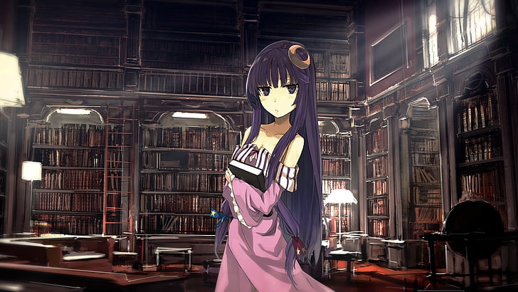 женский персонаж аниме иллюстрации, Touhou, библиотека, фиолетовые волосы, Patchouli Knowledge, HD обои