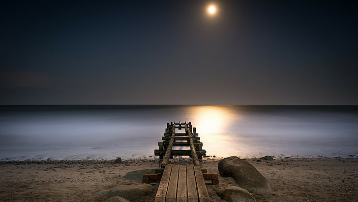 full moon, calm, pier, shore, sand, baltic sea, sky, horizon, fehmarn, moonlight, beach, sea, darkness, dock, night sky, night, moon, HD wallpaper
