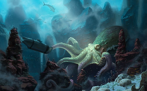 wallpaper digital gurita, kapal, karang, seni, gurita, kapal selam, hiu, dunia bawah laut, bawah air, unidcolor, Wallpaper HD HD wallpaper