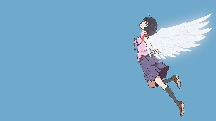 anime, simple, simple background, anime girls, school uniform, blue, brunette, Monogatari Series, Hanekawa Tsubasa, angel, HD wallpaper