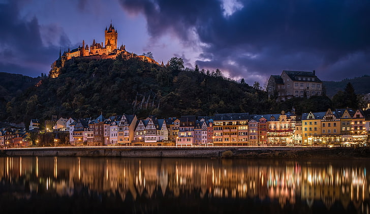 night, river, castle, building, home, Germany, hill, Cochem, the river Moselle, Moselle River, Rhineland-Palatinate, Cochem Castle, HD wallpaper