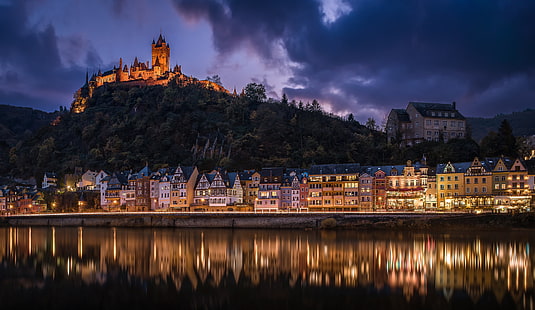 night, river, castle, building, home, Germany, hill, Cochem, the river Moselle, Moselle River, Rhineland-Palatinate, Cochem Castle, HD wallpaper HD wallpaper