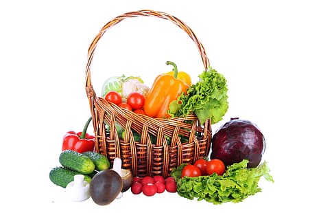 vit bakgrund, peppar, korg, grönsaker, tomater, gurkor, rädisor, HD tapet HD wallpaper