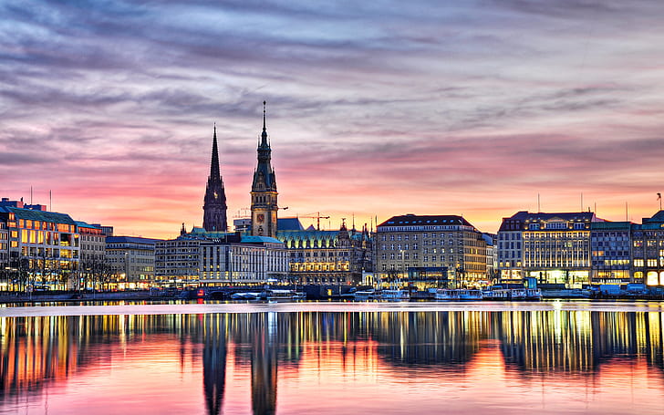 Изглед към набережната на Хамбург, Хамбург, залез, светлини, HD тапет