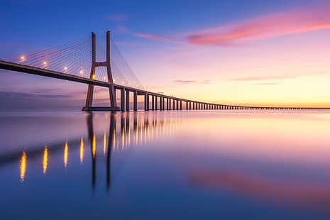  bridge, reflection, river, dawn, morning, Portugal, Lisbon, Tagus River, Vasco da Gama Bridge, The Tagus River, Bridge Vasco da Gama, HD wallpaper HD wallpaper