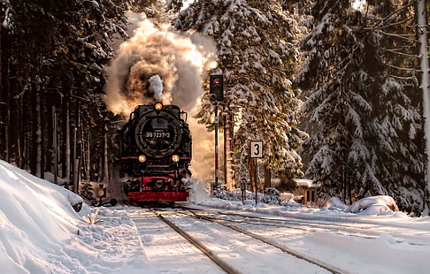 Fordon, tåg, lok, rök, snö, vinter, HD tapet HD wallpaper