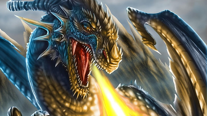 blue and brown abstract painting, fantasy art, dragon, face, head, fire, teeth, scales, wings, Dragon Wings, HD wallpaper