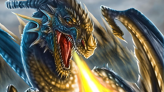 pintura abstrata azul e marrom, arte da fantasia, dragão, rosto, cabeça, fogo, dentes, escalas, asas, asas de dragão, HD papel de parede HD wallpaper
