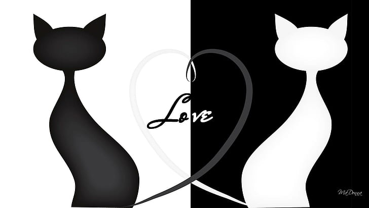 Cat Silhouette Love, two white and black cat illustration, black, black and white, white, whimsical, feline, abstract, heart, silhouette, love, valentines day, HD wallpaper