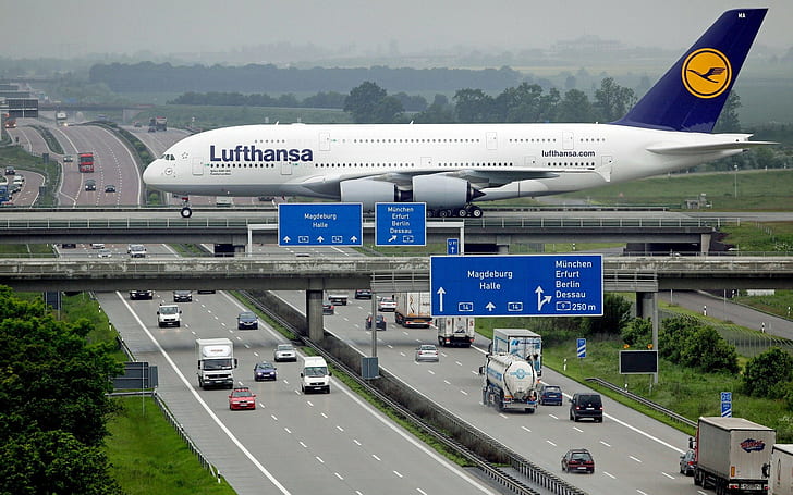 A380, Airbus, самолет, кола, Германия, летище Лайпциг, Lufthansa, пътнически самолет, път, HD тапет