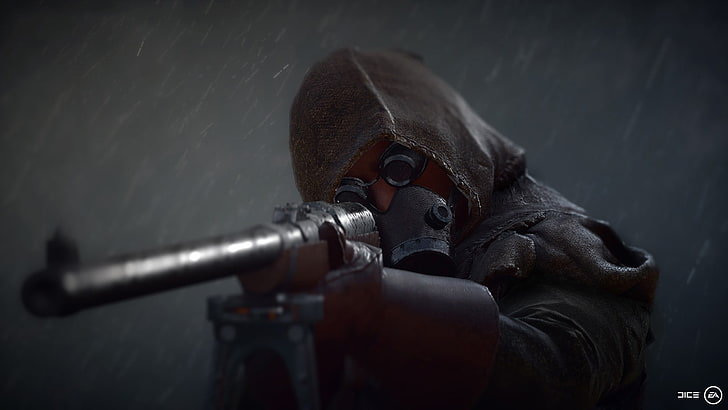 Person mit Maske und grauem Kapuzenanzug mit schwarzem und grauem Gewehr als digitales Hintergrundbild, Battlefield 1, Soldat, Gasmasken, Mauser 1918, HD-Hintergrundbild
