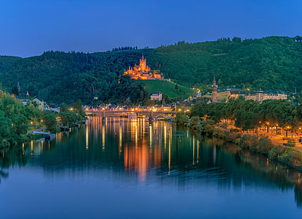  trees, lights, river, castle, Germany, night city, Cochem, Moselle River, Rhineland-Palatinate, Cochem Castle, The River Moselle, HD wallpaper HD wallpaper
