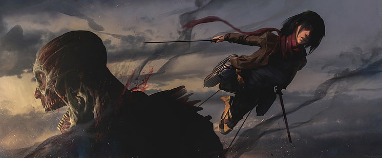 Shingeki no Kyojin, Colossal Titan, Mikasa Ackerman, Sfondo HD HD wallpaper