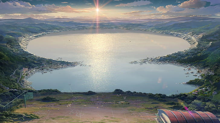 lago, montañas, paisaje, Kimi no Na Wa, tu nombre, realista, Fondo de pantalla HD