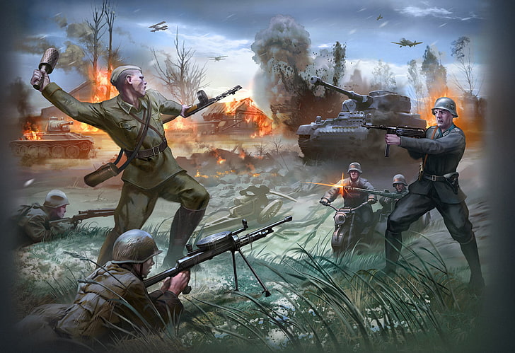 Soldati tedeschi e sovietici che combattono contro la pittura, l'aereo, la guerra, l'URSS, i soldati, il carro armato, i russi, i tedeschi, Sfondo HD