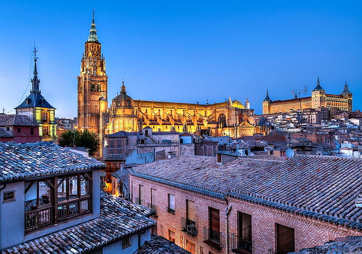 tower and mid-rise building, the city, view, home, the evening, roof, Cathedral, fortress, Spain, Toledo, Alcazar, Castilla-La Mancha, Castile-La Mancha, Alcazar of Toledo, HD wallpaper