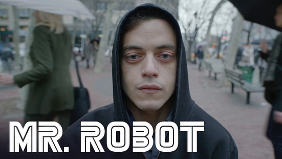mężczyzna w czarnej bluzie z napisem Mr. Robot, Mr. Robot, TV, hacking, Elliot (Mr. Robot), Rami Malek, Tapety HD HD wallpaper