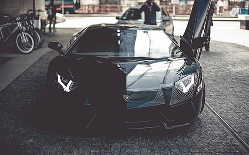 Vista frontal del superdeportivo negro Lamborghini Aventador, puerta abierta, Lamborghini, negro, superdeportivo, frontal, vista, puerta, abierto, Fondo de pantalla HD HD wallpaper