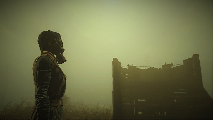 persona con fondo de pantalla de máscara de gas, Fallout, Fallout 4, páramo, apocalíptico, nuclear, máscaras de gas, Fondo de pantalla HD