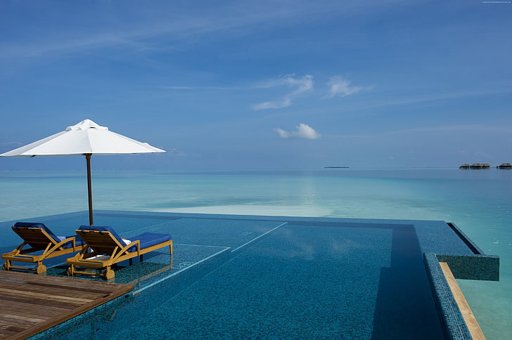 blue, travel, sunbed, Best Hotels of 2017, ocean, Conrad Rangali Maldives Luxury Resort, vacation, resort, sea, pool, tourism, sky, HD wallpaper