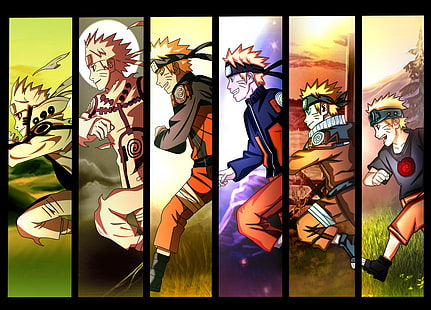 Wallpaper digital Uzumaki Naruto, Naruto Shippuuden, Uzumaki Naruto, waktu, anak laki-laki anime, evolusi, berlari, panel, kolase, anime, Wallpaper HD HD wallpaper