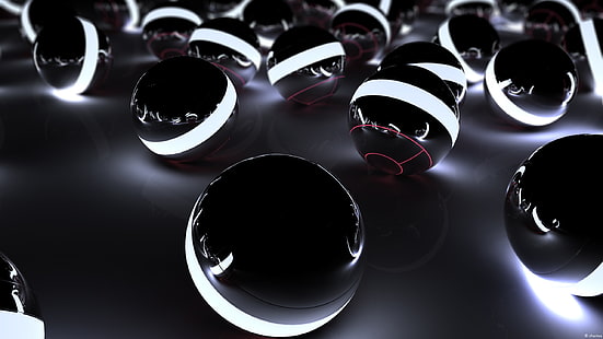 rund svart upplyst elektronisk enhet, Poké Balls, Cinema 4D, 3D, CGI, render, abstrakt, digital konst, HD tapet HD wallpaper