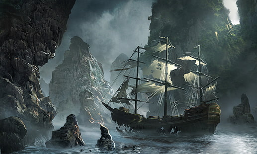 brown galleon ship wallpaper, sea, wave, the sky, clouds, rocks, ship, sailboat, Bay, art, storm, Michal Matczak, torn sails, shreds, The arrival of the Ghost ship, The Flying Dutchman, Matchack, Ghost ship approaching, HD wallpaper HD wallpaper