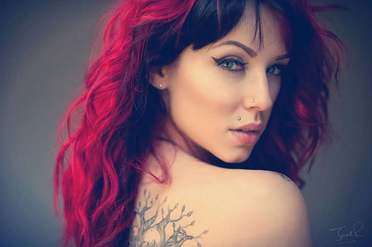 woman with gray back tattoo, women, dyed hair, pierced nose, piercing, tattoo, face, portrait, Jack Russell, HD wallpaper