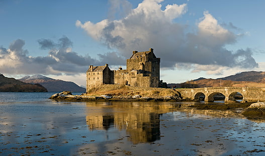 Scotland, castle, UK, Eilean Donan, clouds, lake, bridge, reflection, HD wallpaper HD wallpaper