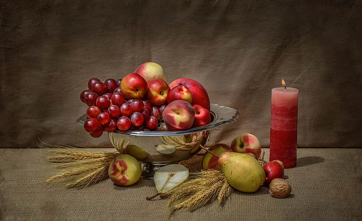 fruits painting, apples, candle, walnut, grapes, fruit, still life, pear, HD wallpaper