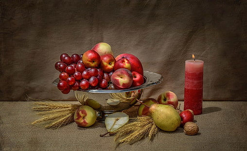 Früchte malen, Äpfel, Kerze, Walnuss, Trauben, Obst, Stillleben, Birne, HD-Hintergrundbild HD wallpaper