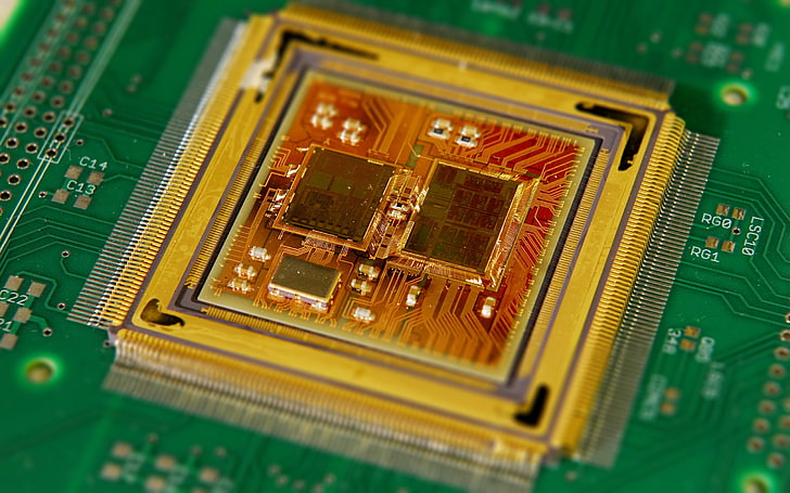 オレンジのマイクロプロセッサ、無題、マイクロチップ、テクノロジー、コンピューター、チルトシフト、 HDデスクトップの壁紙