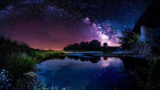 природа, небо, млечный путь, отражение, звездная ночь, ночь, вода, явление, озеро, ночное небо, пейзаж, галактика, тьма, звезды, HD обои HD wallpaper