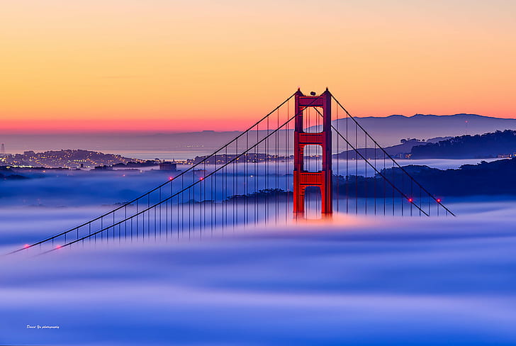 Golden Gate Bridge sopra le nebbie, Alba, colori, Golden Gate Bridge, SFist, Golden Gate Bridge, San Francisco, basso, nebbia, luogo famoso, California, Contea di San Francisco, ponte - Struttura artificiale, Ponte sospeso, tramonto,architettura, mare, cielo, paesaggio urbano, Sfondo HD
